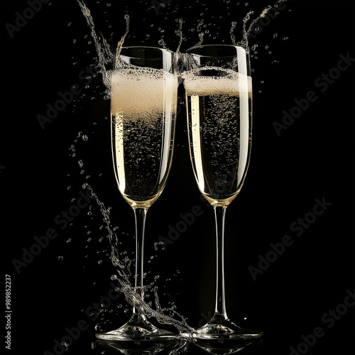 Glasses of champagne with splash, isolated on black