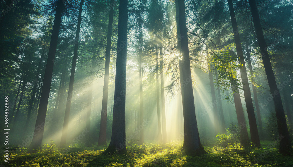 Obraz premium Tall, misty trees with sunlight streaming through the branches, creating a magical and mysterious forest atmosphere