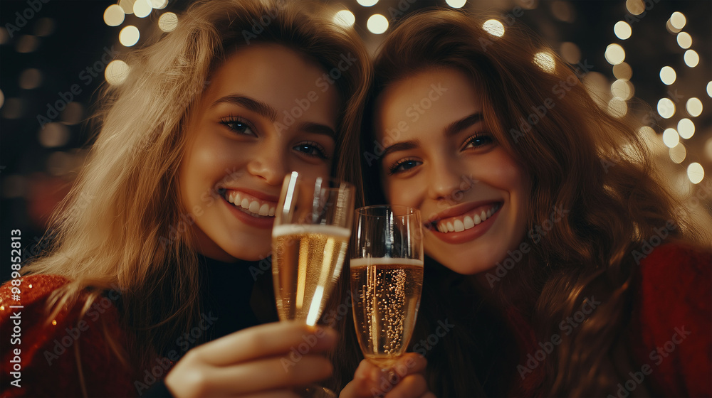 Two beautiful elegant women clinking champagne glasses. Two beautiful elegant women clinking champagne glasses.
