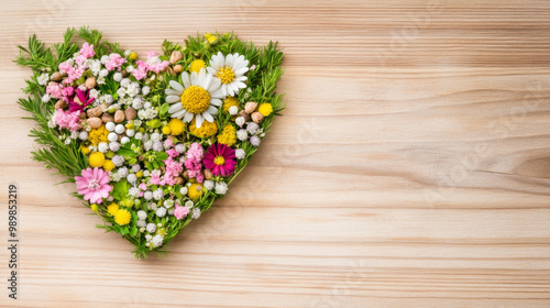 A heart shaped arrangement of colorful herbs and flowers creates vibrant and cheerful display, perfect for adding touch of nature to any setting