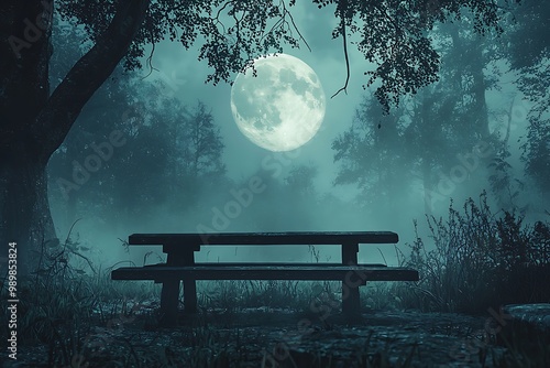 Spooky forest scene with a rustic wooden table under a full moon, AI-designed.