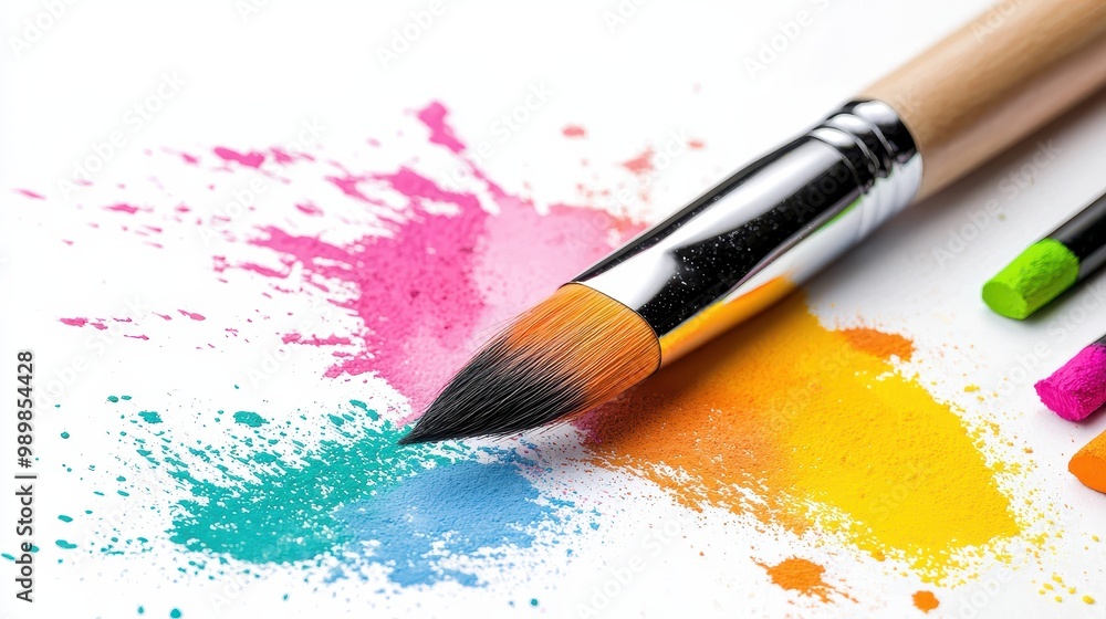 Vibrant Paints and Brush on White Surface Vibrant Paints and Brush on White Surface