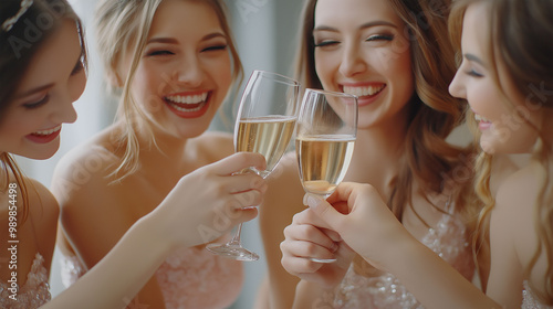 Young bridesmaids clinking with glasses of champagne in hotel room.