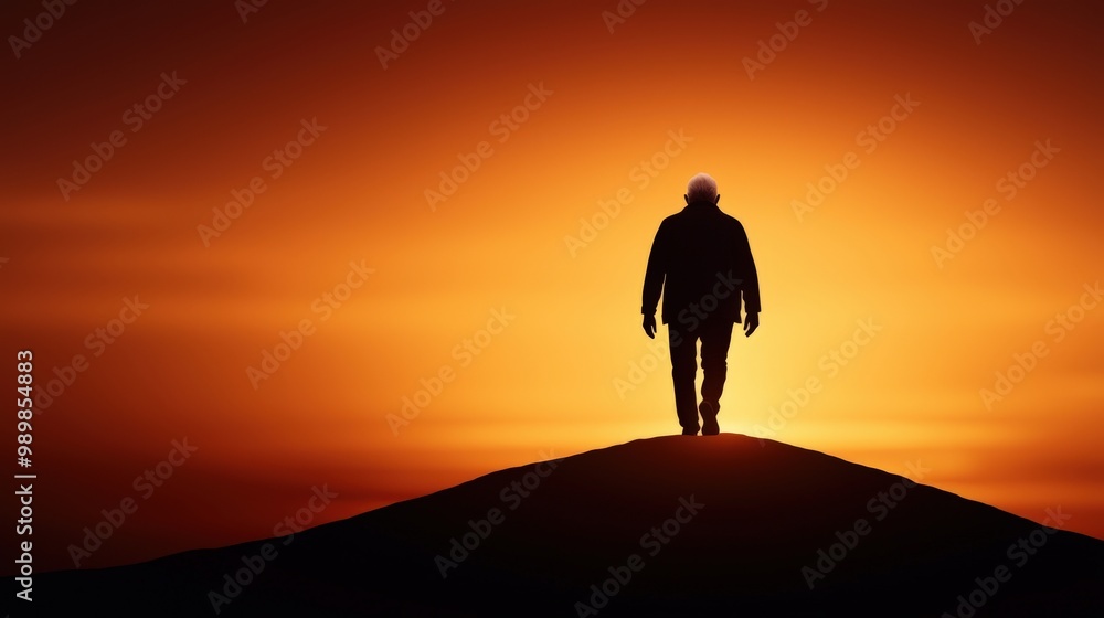 Silhouette of Man Walking towards the Sunset on Hilltop Silhouette of Man Walking towards the Sunset on Hilltop