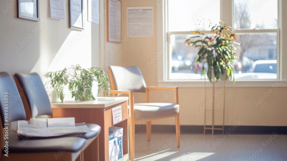 Fototapeta premium A bright waiting room with chairs, plants, and a window, creating a calm atmosphere.