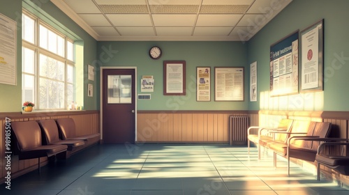 Wallpaper Mural A bright waiting room with chairs, a clock, and informative posters on the walls. Torontodigital.ca