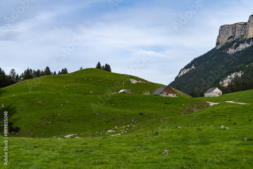 swiss mountain landscape traditional summer alp farm with christian cross for protection in vaste alpine farmland, copy space photo