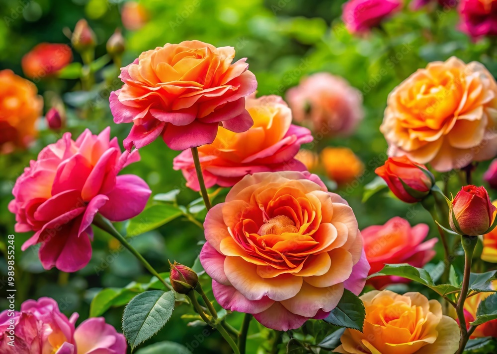 Fototapeta premium Beautiful Tantau Roses in Bloom, Showcasing Vibrant Colors and Lush Green Foliage in Garden