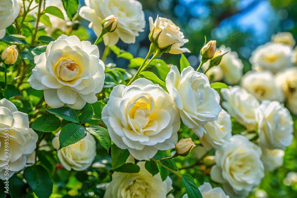Obraz premium Beautiful White Rose Bush in Full Bloom Surrounded by Lush Green Foliage in Natural Light