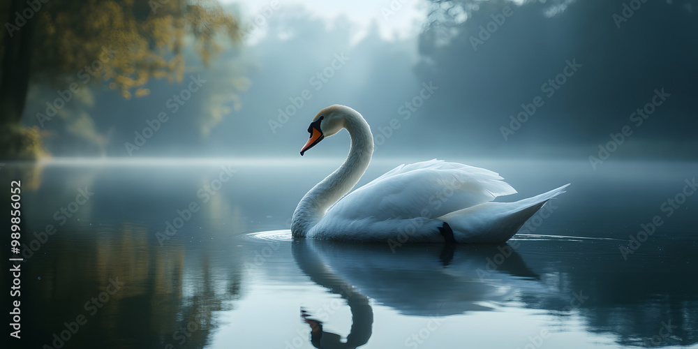 Fototapeta premium Swan floating on calm lake