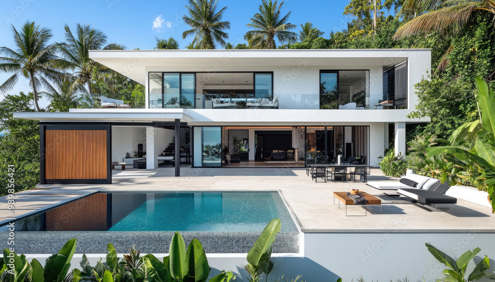Fototapeta premium A modern two-story villa with white walls and black accents, set in the middle of an idyllic tropical landscape featuring lush greenery and palm trees