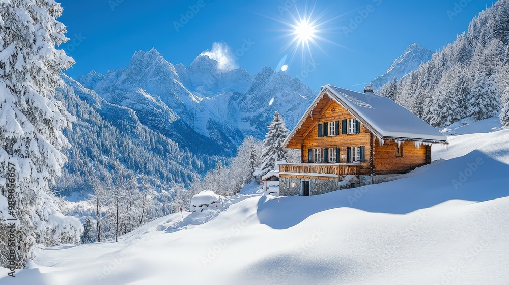 Charming snowy chalet with sunlit mountain backdrop Charming snowy chalet with sunlit mountain backdrop
