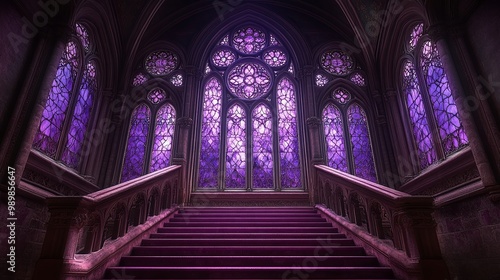 A Staircase Ascending Through a Gothic Hall With Ornate Stained Glass Windows