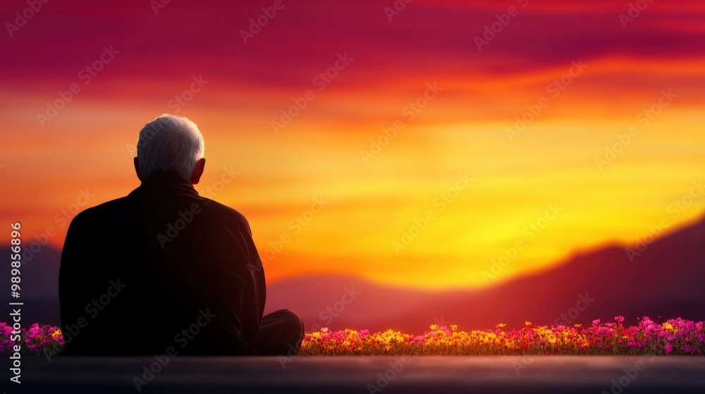 Man Silhouetted against Sunset with Flowers Man Silhouetted against Sunset with Flowers