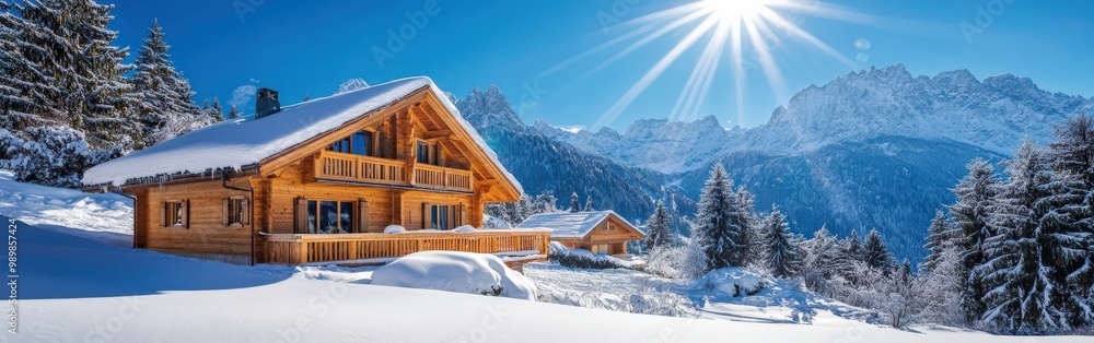 Charming snowy chalet with sunlit mountain backdrop Charming snowy chalet with sunlit mountain backdrop