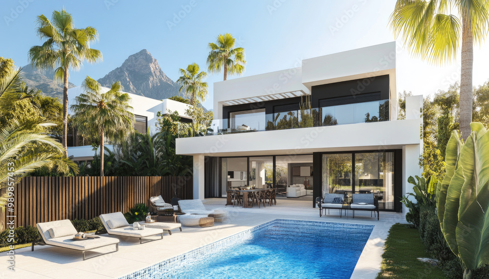 Fototapeta premium A modern two-story villa with white walls and black accents, set in the middle of an idyllic tropical landscape featuring lush greenery and palm trees