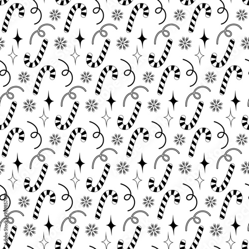 Candy Cane, snowflakes, serpentine and stars Seamless pattern. Black and white doodle background