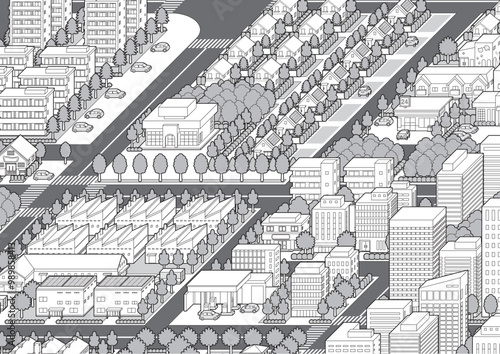 都市景観の立体イラスト.  建物のベクターイラスト.