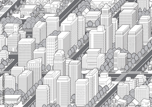 都市景観の立体イラスト.  建物のベクターイラスト.