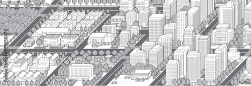 都市景観の立体イラスト.  建物のベクターイラスト.
