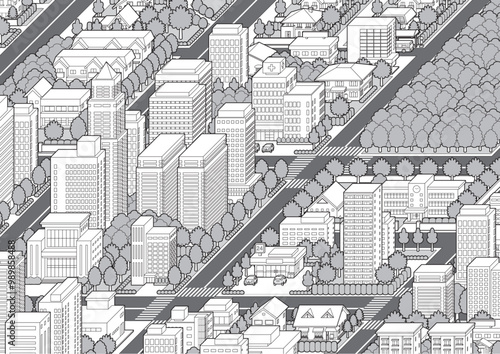 都市景観の立体イラスト.  建物のベクターイラスト.