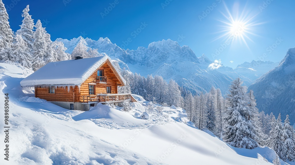 Charming snowy chalet with sunlit mountain backdrop Charming snowy chalet with sunlit mountain backdrop