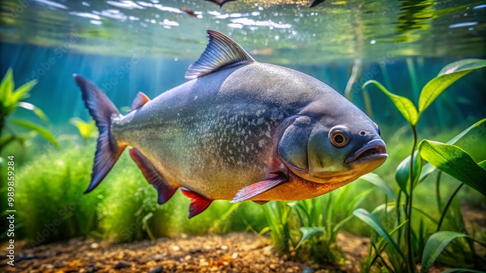 Fototapeta premium Captivating Close-Up of a Pacu Fish Swimming Gracefully in Clear Freshwater Habitat Underwater