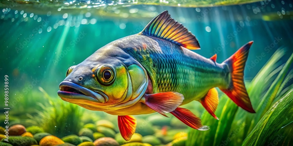 Naklejka premium Captivating Perana Fish Swimming Gracefully in Crystal Clear Water of a Natural Aquatic Habitat