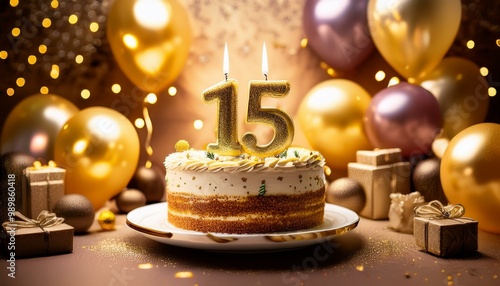 number 15 candle on a twenty eit year birthday or anniversary cake celebration with balloons photo