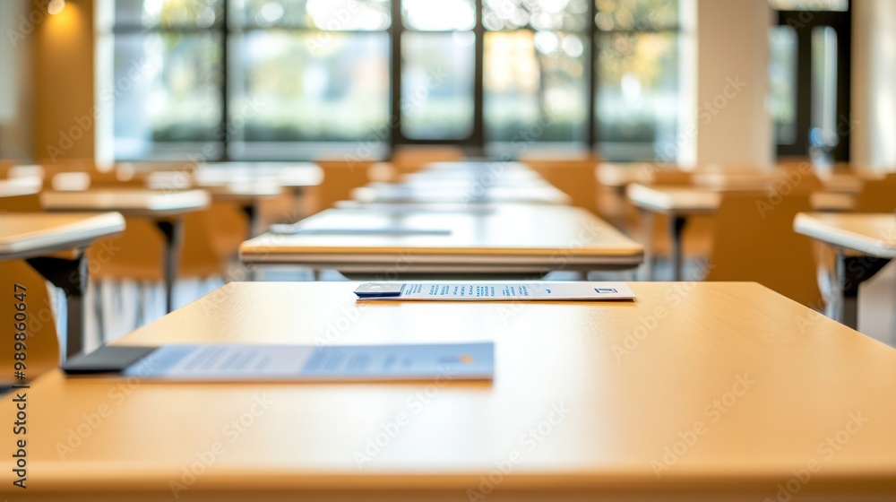 A classroom setting with empty desks and materials prepared for students. A classroom setting with empty desks and materials prepared for students.