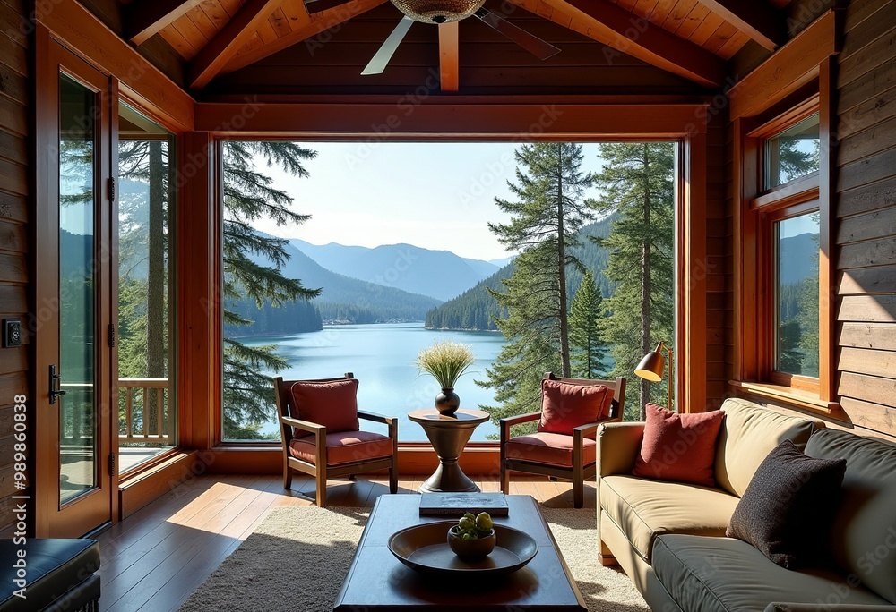Fototapeta premium Cozy and Inviting: Adirondack Lake House Interior with Stunning Mountain Views