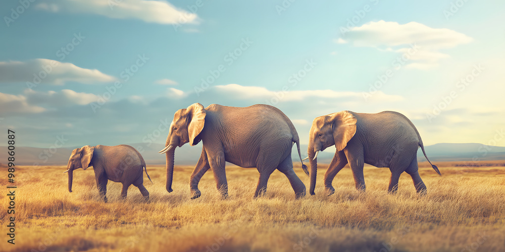 Family of Elephants Walking in Savanna Family of Elephants Walking in Savanna
