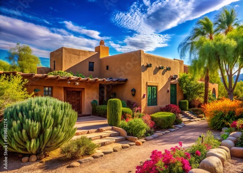 Charming Rosemont Adobe Architecture Surrounded by Lush Greenery in a Serene Desert Landscape photo