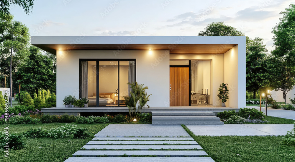 a simple, modern one-story bungalow house with a small garden and front yard. The house has a flat roof, white walls with brown wood accents, a wooden door and windows, and is lit in the evening a simple, modern one-story bungalow house with a small garden and front yard. The house has a flat roof, white walls with brown wood accents, a wooden door and windows, and is lit in the evening