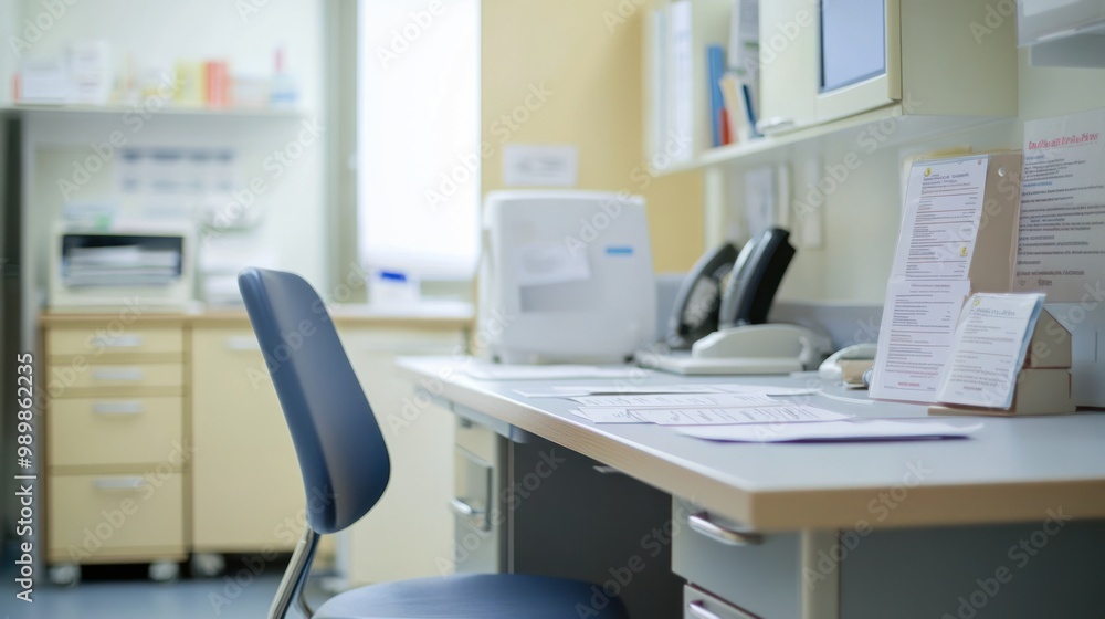 A clean and organized office space with a desk, chair, and office equipment. A clean and organized office space with a desk, chair, and office equipment.