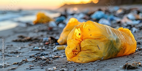 A discarded yellow plastic bag on a sandy beach, a stark reminder of human impact on the environment. photo