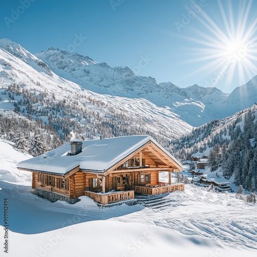 Charming snowy chalet with sunlit mountain backdrop