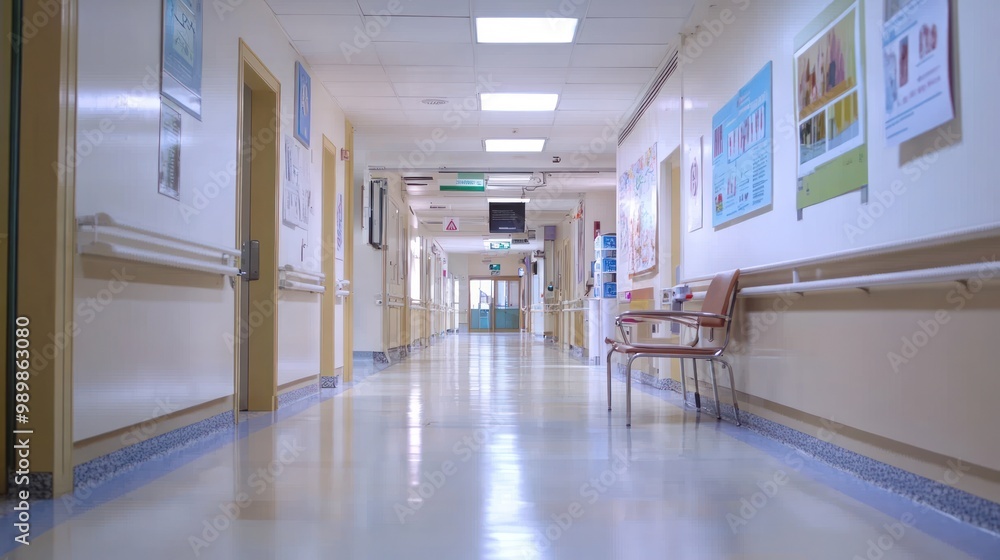 A clean hospital corridor with chairs and informational posters on the walls. A clean hospital corridor with chairs and informational posters on the walls.