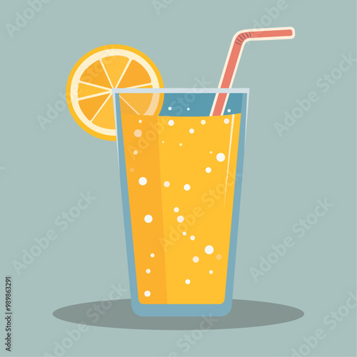 Glass of orange juice, lemonade, soda, ice tea with straw and lemon, vector illustration
