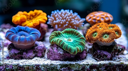 A vibrant display of colorful coral polyps blooming in a saltwater aquarium photo