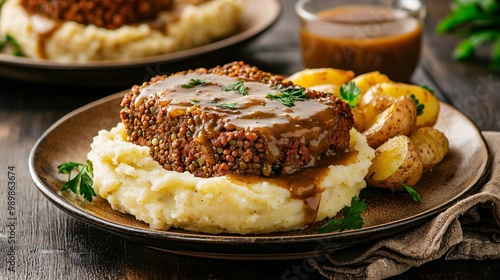 A hearty vegan lentil loaf topped with gravy, served on a bed of mashed potatoes and roasted baby potatoes, garnished with parsley.