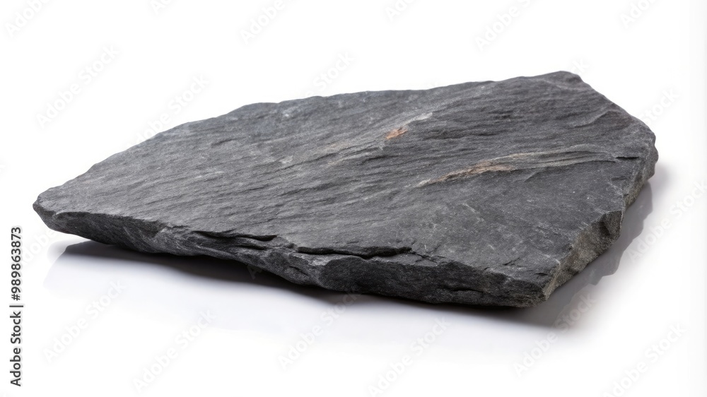 A single large, flat, dark gray slate rock isolated on a white background, with natural textures and edges visible. A single large, flat, dark gray slate rock isolated on a white background, with natural textures and edges visible.