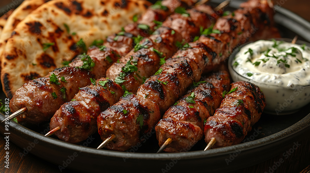 A platter of grilled lamb kebabs served with yogurt sauce and flatbread A platter of grilled lamb kebabs served with yogurt sauce and flatbread