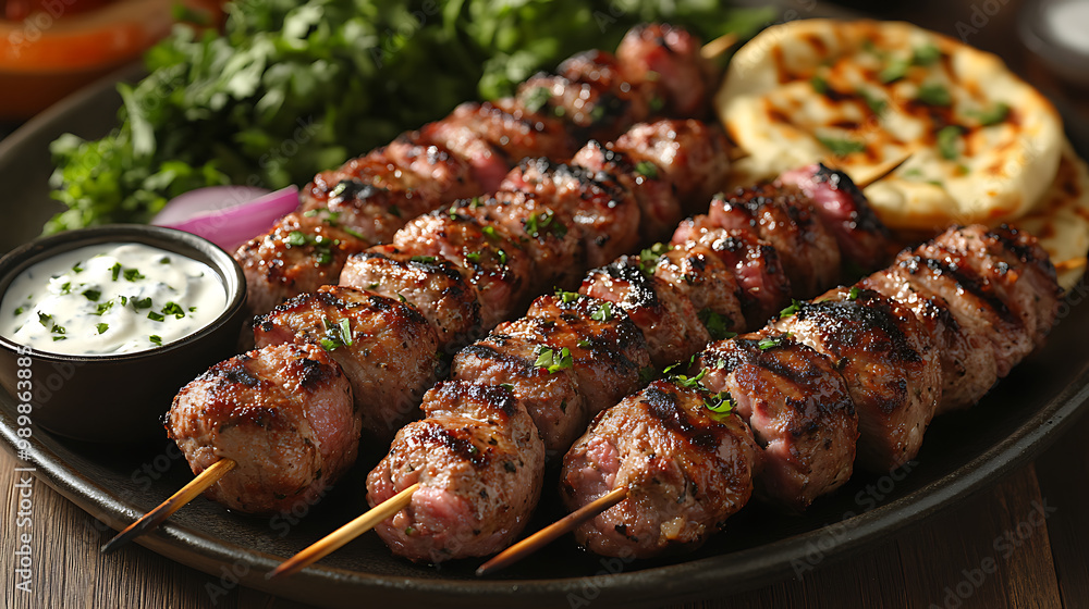 A platter of grilled lamb kebabs served with yogurt sauce and flatbread A platter of grilled lamb kebabs served with yogurt sauce and flatbread