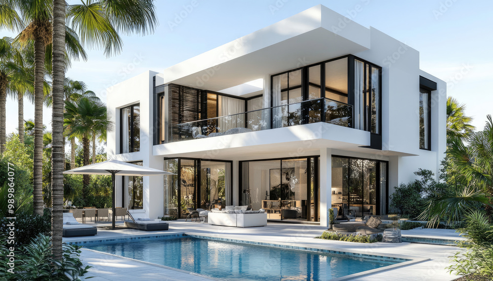 Modern two-story villa with white walls and black accents, surrounded by palm trees. The swimming pool is in the foreground of an outdoor lounge area. Modern two-story villa with white walls and black accents, surrounded by palm trees. The swimming pool is in the foreground of an outdoor lounge area.