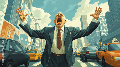 A man in a suit is shouting. The artwork is in the cartoon style.