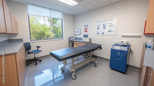 A clean medical examination room with a treatment table and medical equipment.