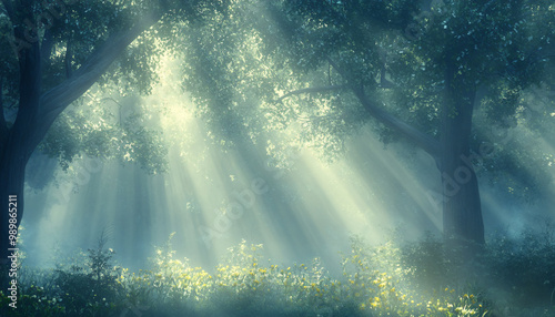 Tall, misty trees with sunlight streaming through the branches, creating a magical and mysterious forest atmosphere