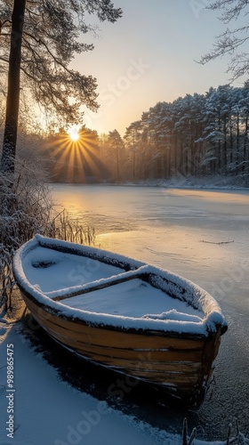 First Rays of Sunlight on a Frozen Snow-Covered Lake