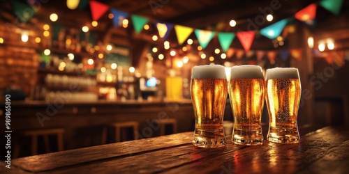 Evening beer glasses on a wooden bar under warm lights with colorful bunting in a lively pub atmosphere